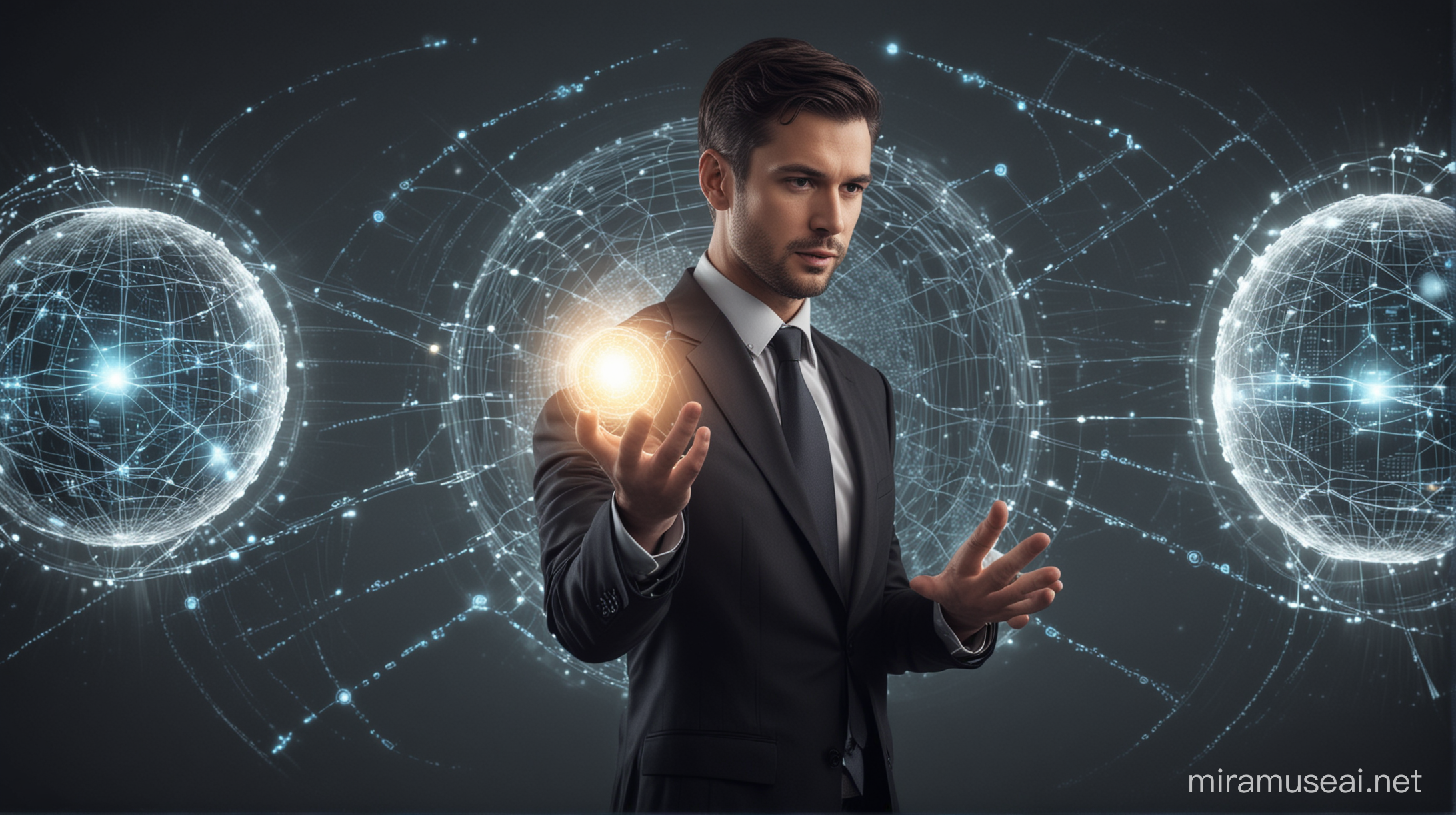 Created using MUSE AI. Prompt; "A businessman interacts with a glowing orb or network, representing the AI, with a user interface adapting and forming around them."